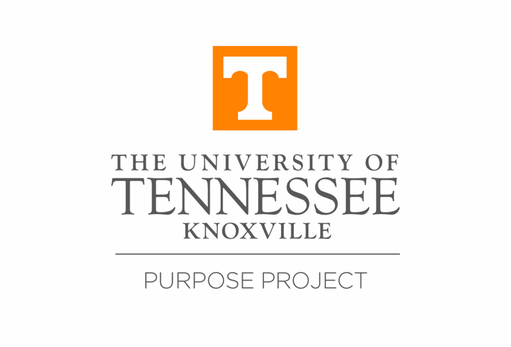 An orange square centered with a white power T on it sits above gray text that states The University of Tennessee Knoxville Purpose Project.