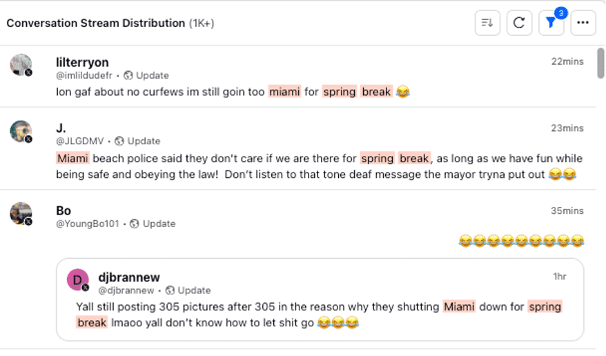 A screenshot of social media shows three users making negative comments about the city of Miami's choice to crack down on spring break activities. 