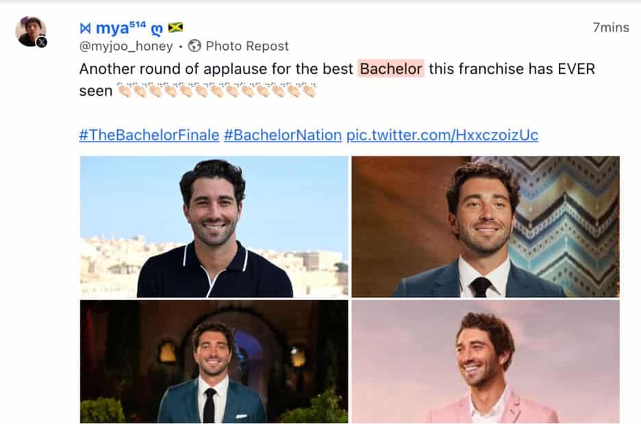 A tweet states "Another round of applause for the best Bachelor the franchise has EVER seen" followed by a dozen clap emojis. The tweet includes four different photos of the bachelor, Joey.