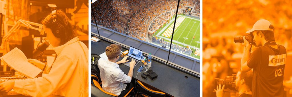 A collage of three photos includes a student reading into a microphone at WUTK radio, a student on his computer at Neyland Stadium, and another student taking photos at an event.