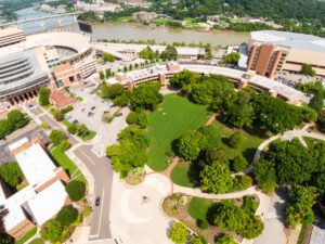 Aerial view of Circle Park and the Communication and Information building.