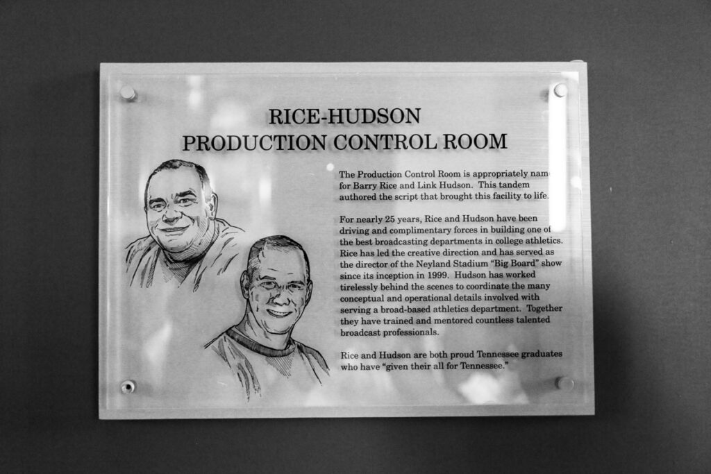 A plaque with sketches of Barry Rice and Link Hudson and a description about their dedication to VFL Films over many years.