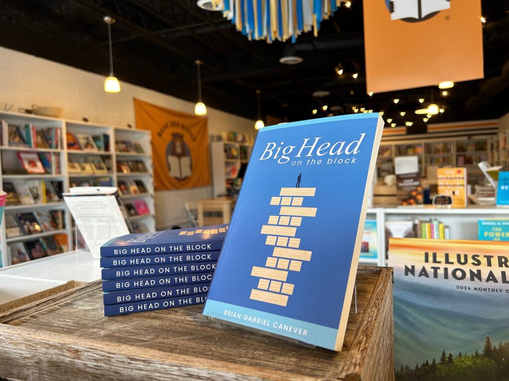 A book display in Bearden Books shows off Big Head on the Block by Brian Canever