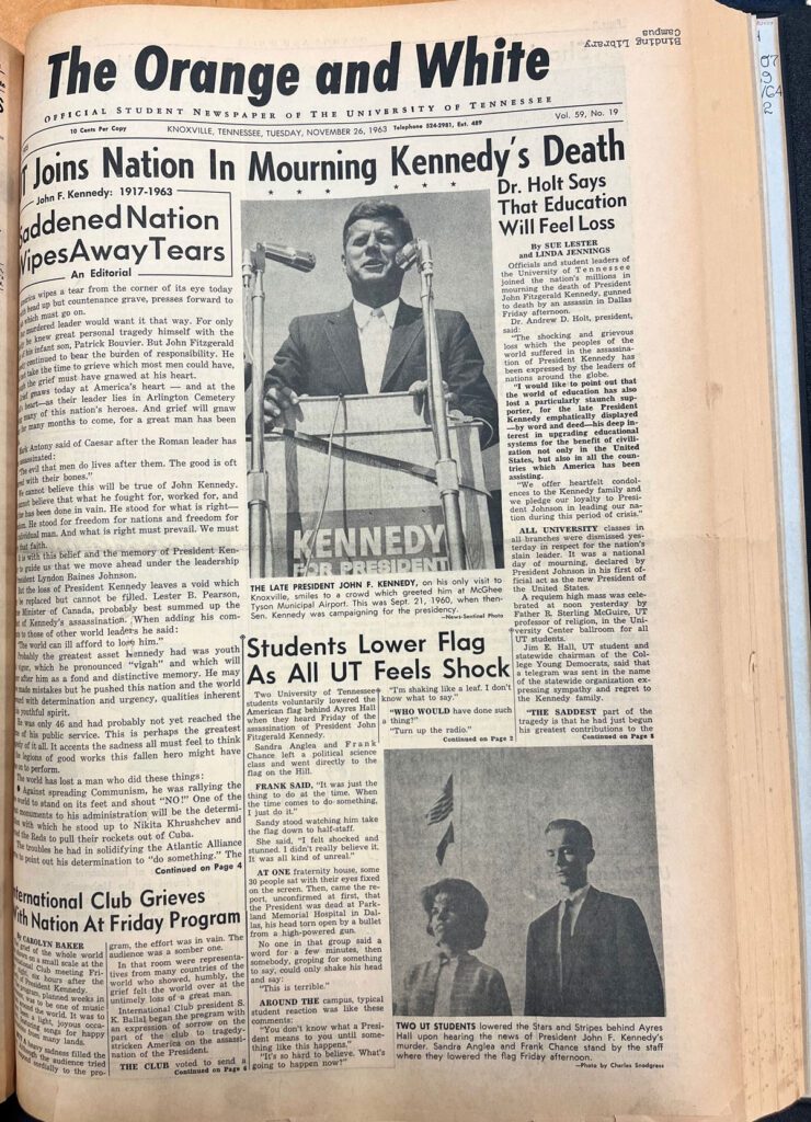The front page of the Orange and White newspaper that ran the day after President John F. Kennedy was killed.