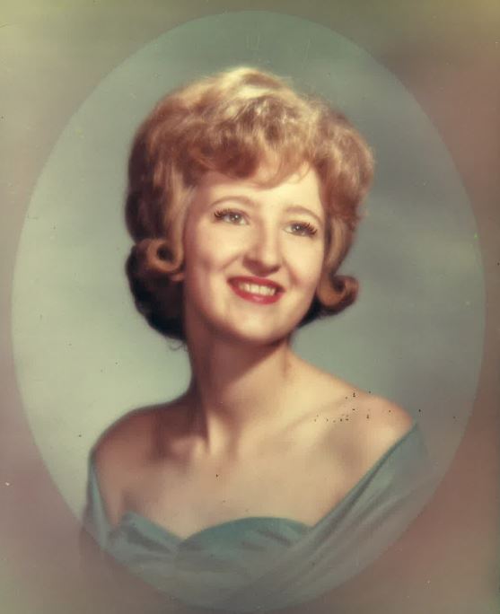 A circular portrait of Linda Higgins that was colorized, taken in 1963.