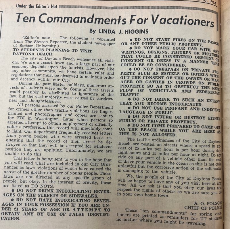 An article written by Linda Higgins for the Orange and White called "Ten Commandments for Vacationers"