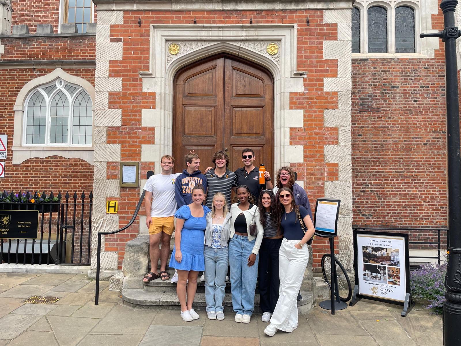 Students outside Gray's Inn in London as part of the 2024 School of Journalism and Media's Sports Communication in the UK study abroad program.