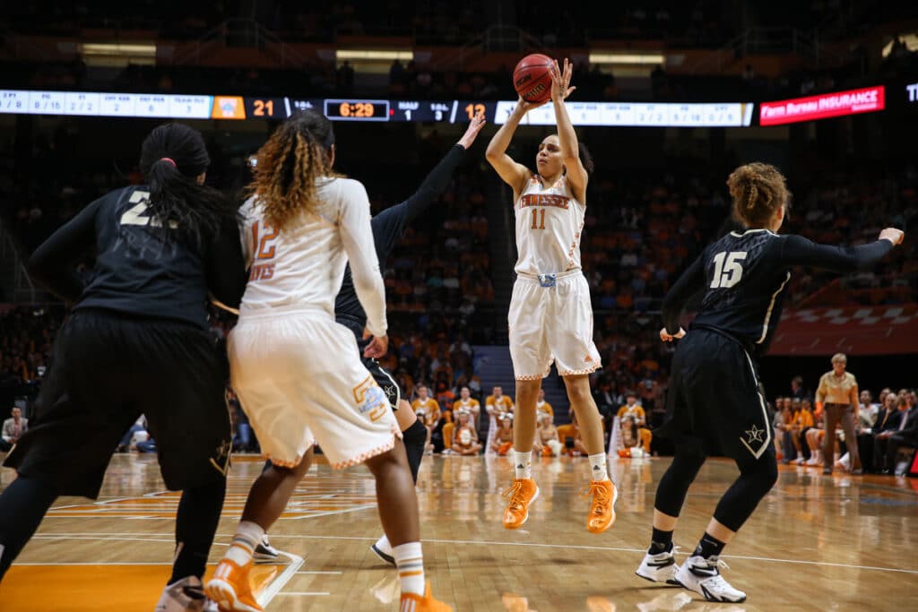 Cierra Burdick is in the air and goes in for a shot in a Lady Vols game against Vanderbilt.