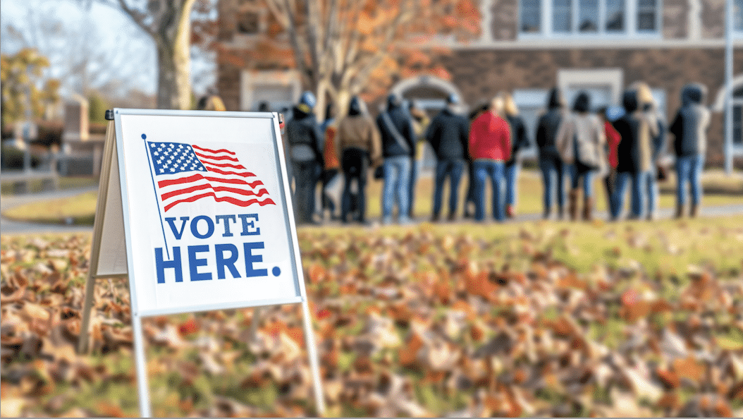 A "Vote Here" sandwich board sign sits on grass with fallen leaves on it, a line of people in the background behind it.