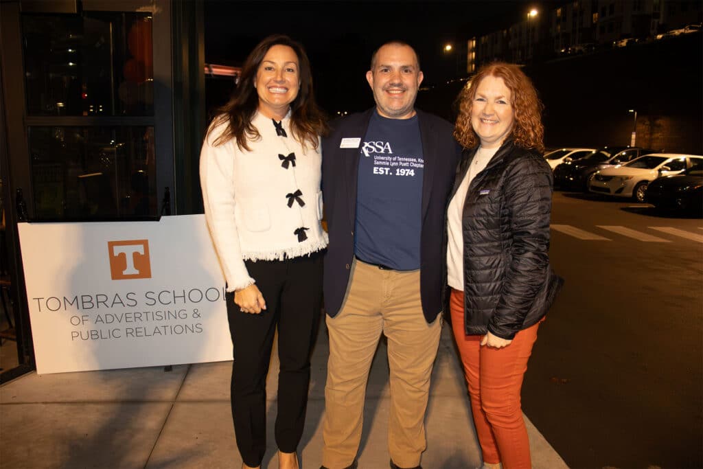 From left to right: Interim Director of the Tombras School of Advertising and Public Relations Courtney Childers, Faculty Advisor for PRSSA Sammie Lynn Pruett Chapter and Assistant Professor of Practice Joseph Stabb and Ellen Liston (‘84).