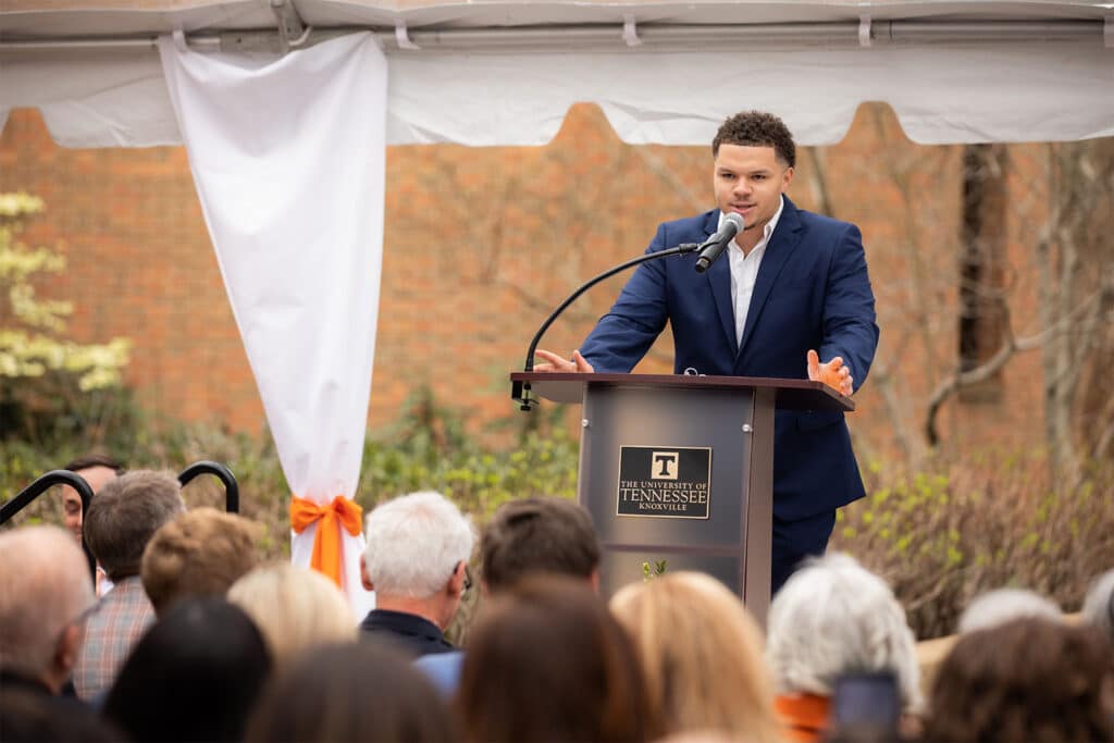 Malik Allen’s (‘21) speaking at the March 2022 naming of the Tombras School