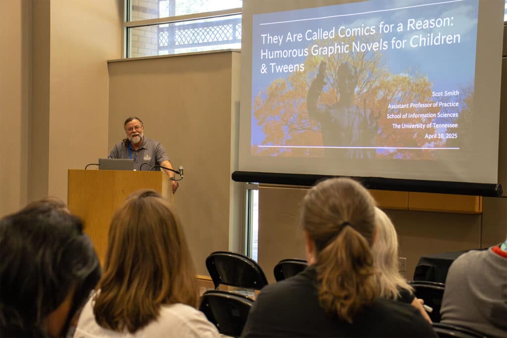 SIS Assistant Professor of Practice Scot Smith speaking on “They are called Comics for a Reason: Humorous Graphic Novels for Children and Tweens.”