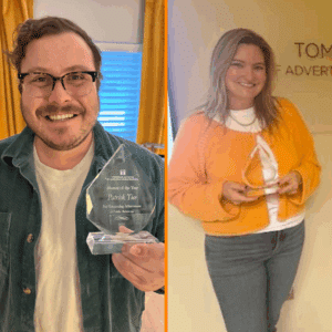2025 Alumni of the Year: Patrick Tice (’15), Public Relations Alumni of the Year and Lynne Jansons (’05), Advertising Alumni of the Year.