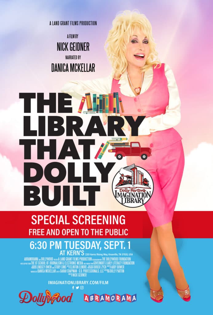 A movie poster with Dolly Parton wearing a pink dress and white long sleeve shirt, sitting by the title "The Library that Dolly Built." along with the movie credits, and information about a free screening.